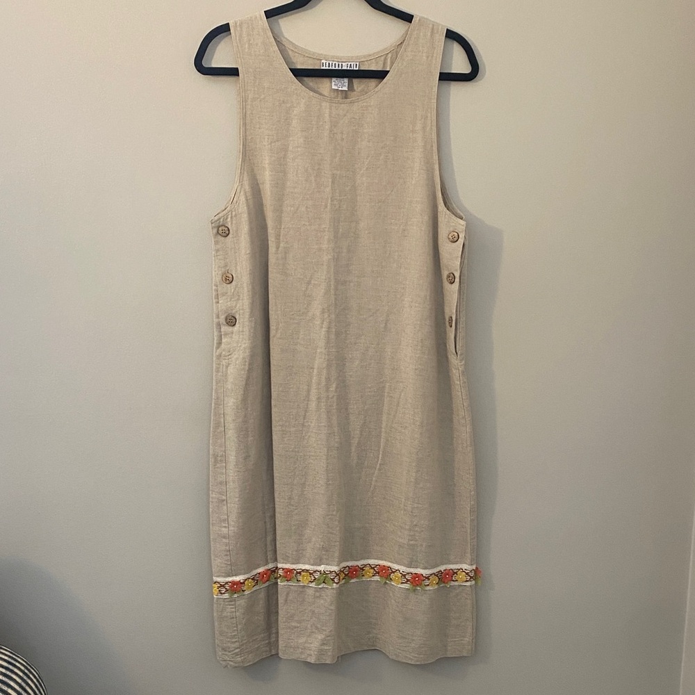 Vintage Bedford Faire Linen Blend Beige Dress with Colorful Embroidery Trim